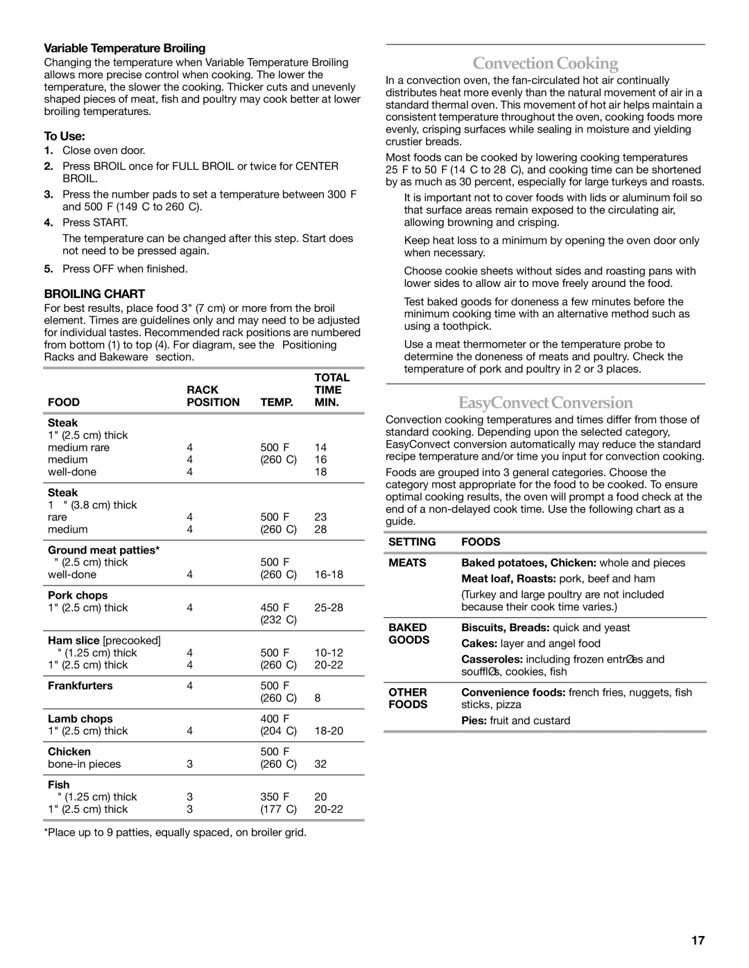 KitchenAid KDRS807 manual Convection Cooking, EasyConvectConversion, Variable Temperature Broiling, Broiling Chart 