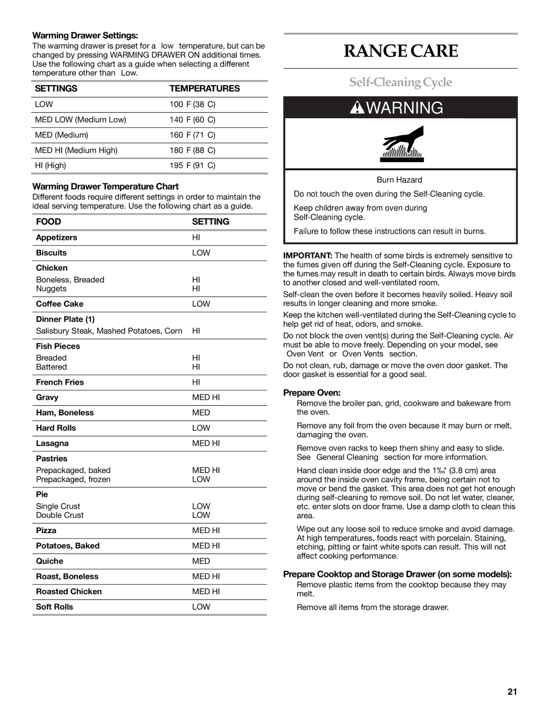 KitchenAid KDRS807 manual Range Care, Self-Cleaning Cycle, Settings Temperatures, Food Setting 