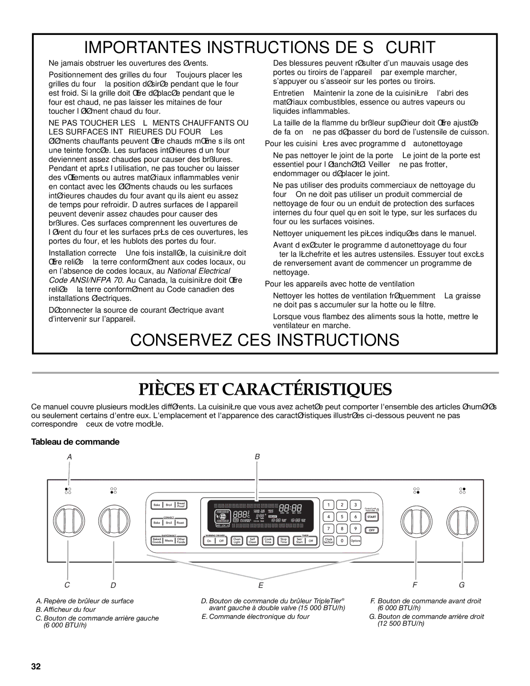 KitchenAid KDRS807 manual Pièces ET Caractéristiques, Tableau de commande 