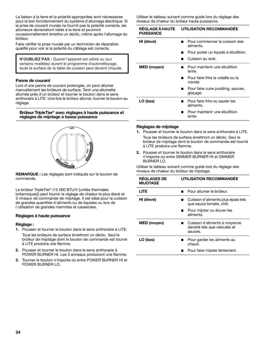 KitchenAid KDRS807 manual Panne de courant, Réglages à haute puissance, Réglages de mijotage 