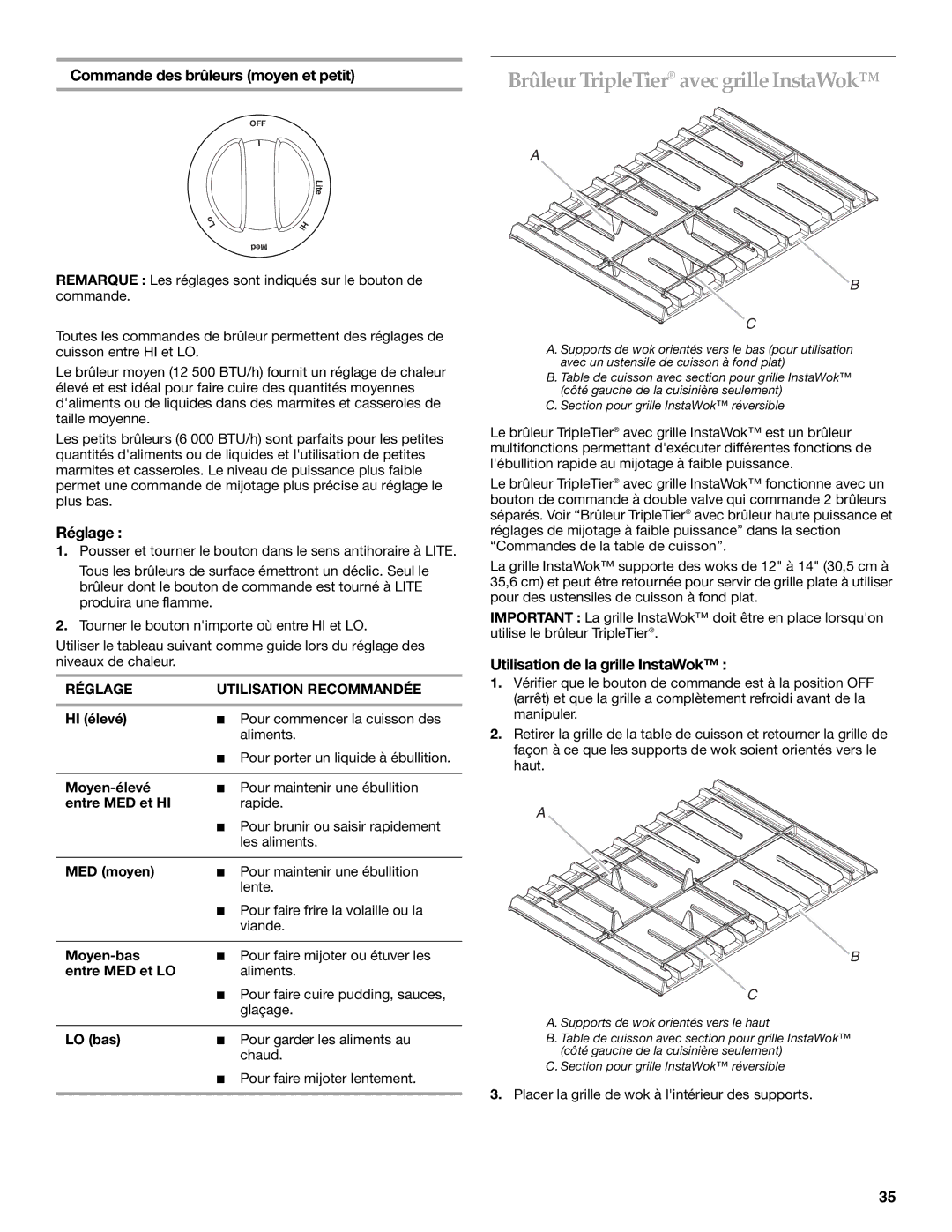 KitchenAid KDRS807 manual Brûleur TripleTier avecgrille InstaWok, Commande des brûleurs moyen et petit, Réglage 