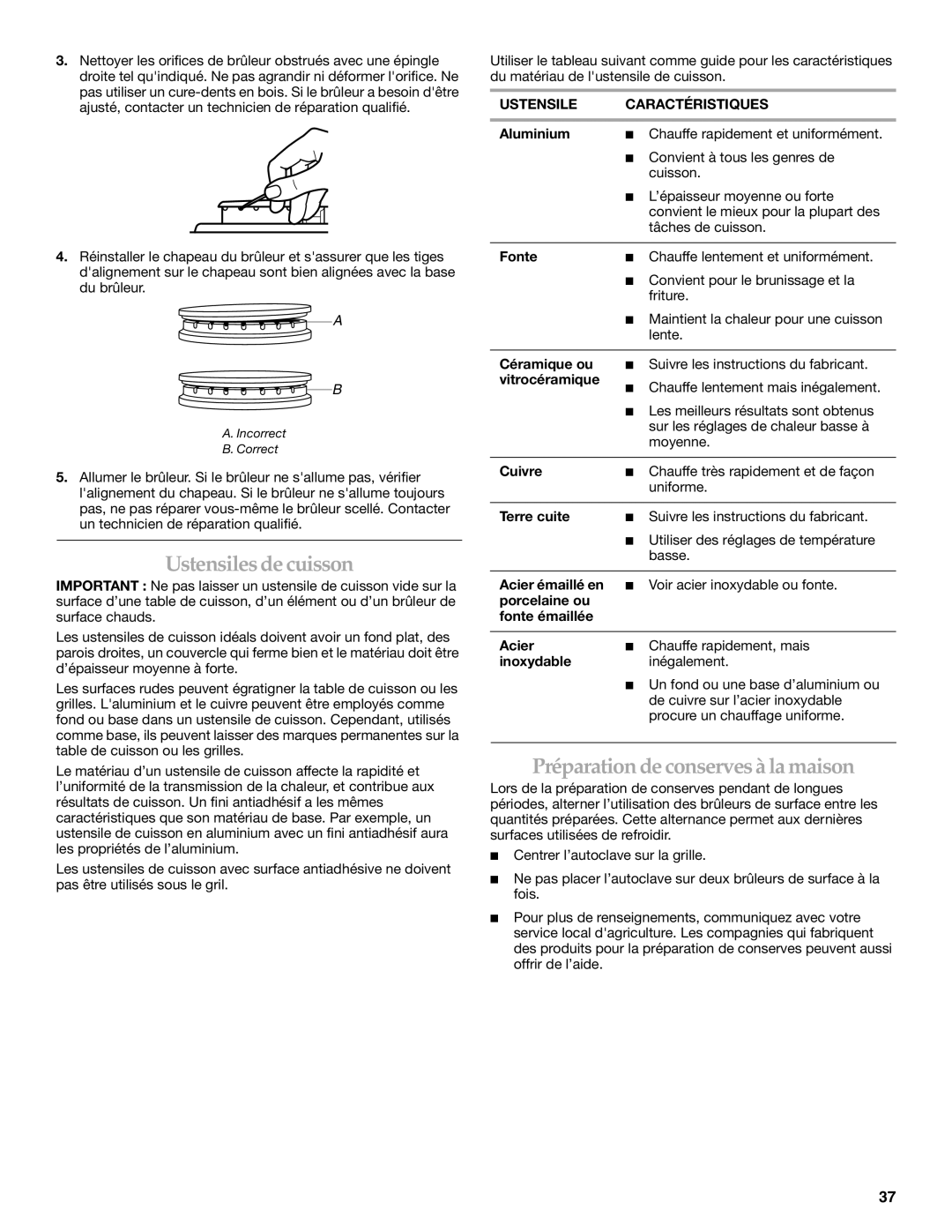 KitchenAid KDRS807 manual Ustensiles de cuisson, Préparation de conserves à la maison, Ustensile Caractéristiques 