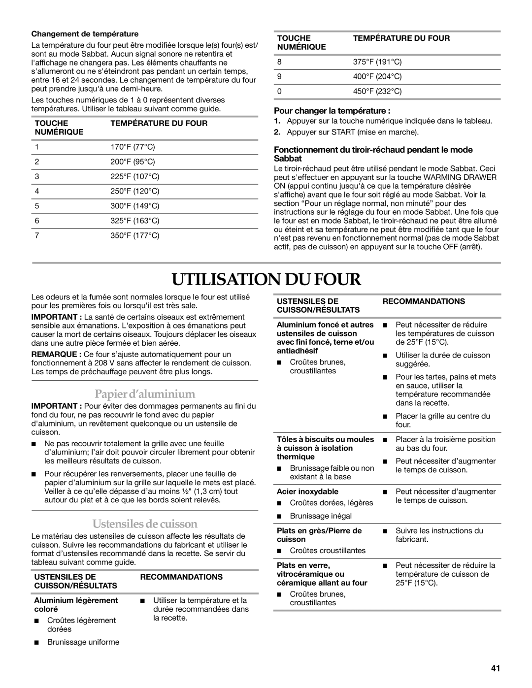 KitchenAid KDRS807 manual Utilisation DU Four, Papier d’aluminium, Pour changer la température 