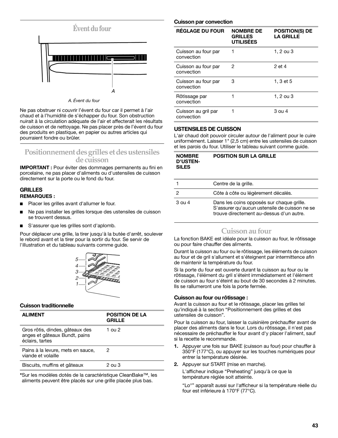 KitchenAid KDRS807 manual Éventdufour, Positionnement desgrilles et desustensiles De cuisson, Cuisson au four, Grilles 