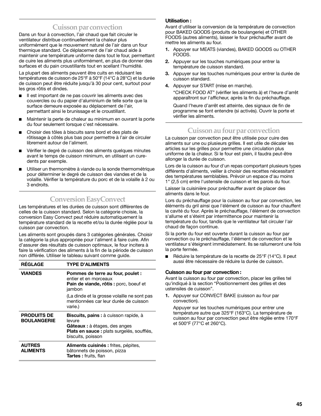 KitchenAid KDRS807 manual Cuisson par convection, Conversion EasyConvect, Cuisson au four par convection 