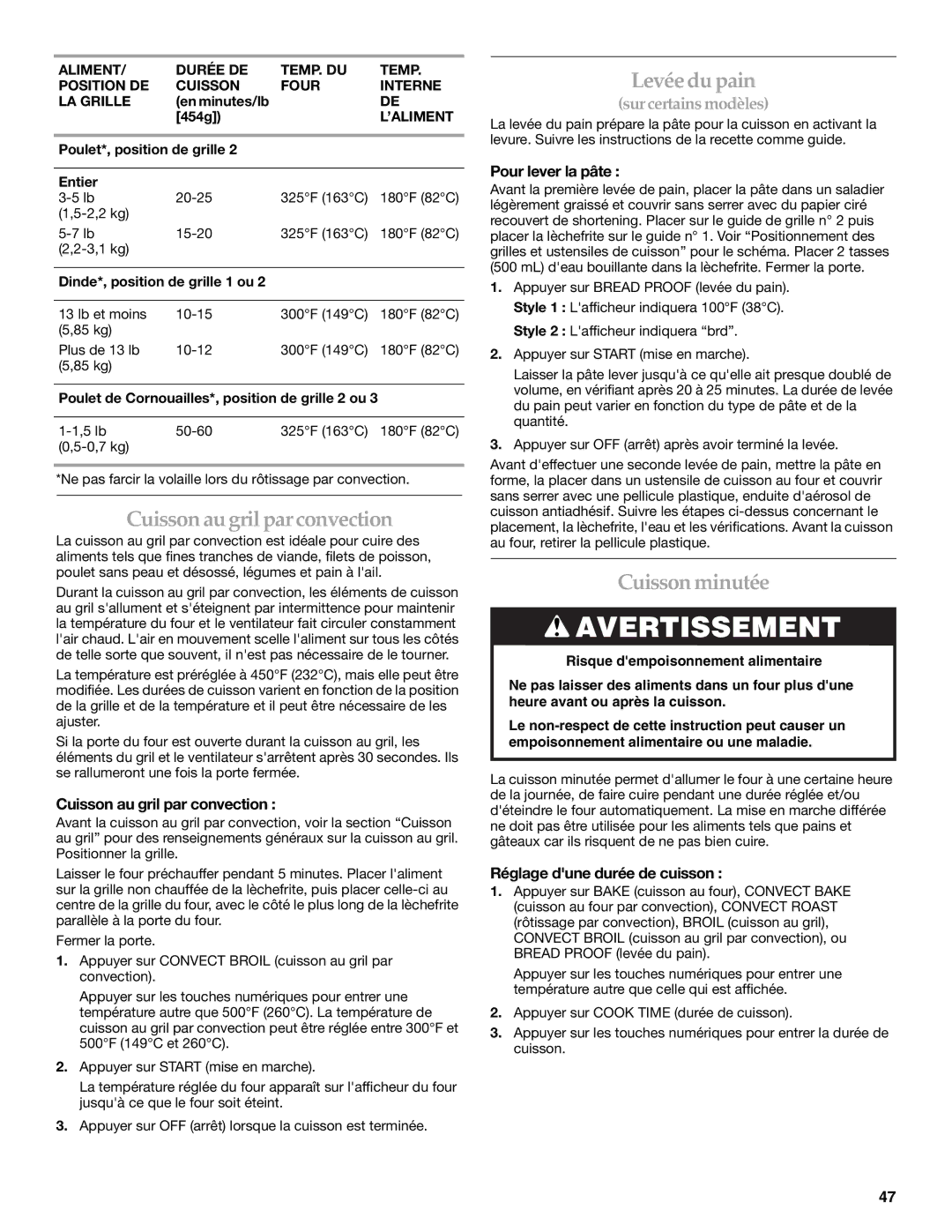 KitchenAid KDRS807 manual Cuisson au gril par convection, Levée du pain, Cuisson minutée 