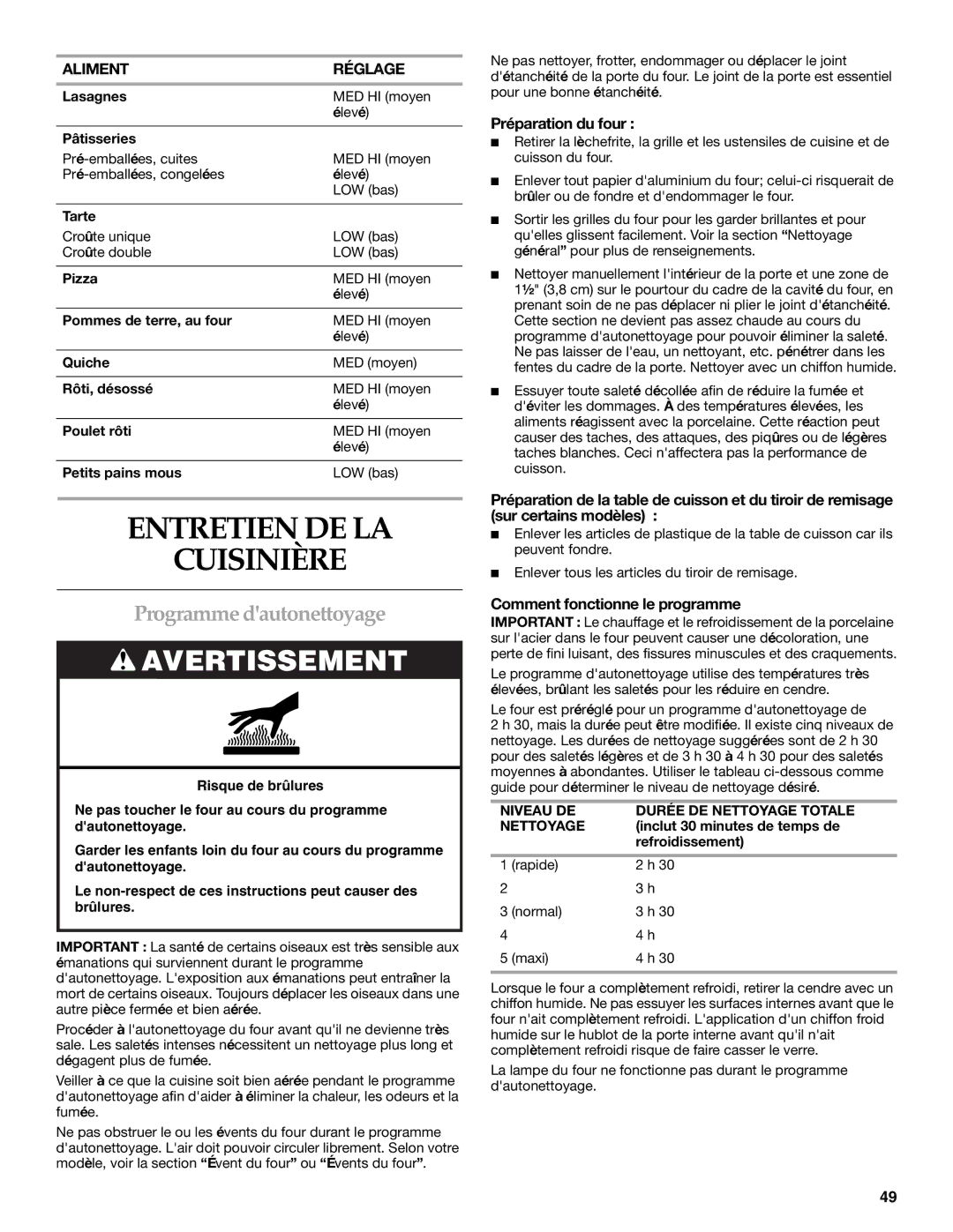 KitchenAid KDRS807 manual Entretien DE LA Cuisinière, Programme dautonettoyage, Préparation du four 