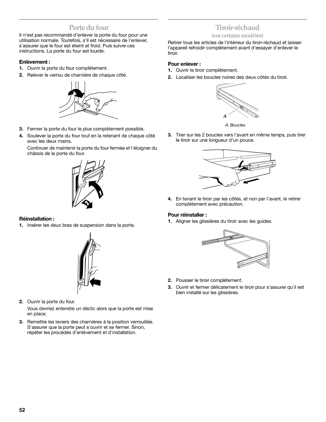 KitchenAid KDRS807 manual Porte du four, Enlèvement, Pour enlever, Réinstallation, Pour réinstaller 