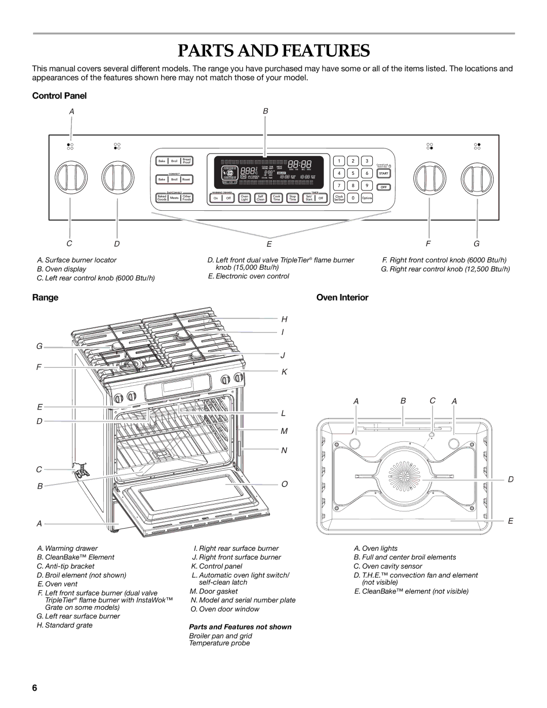 KitchenAid KDRS807 manual Parts and Features, Control Panel, Range Oven Interior 