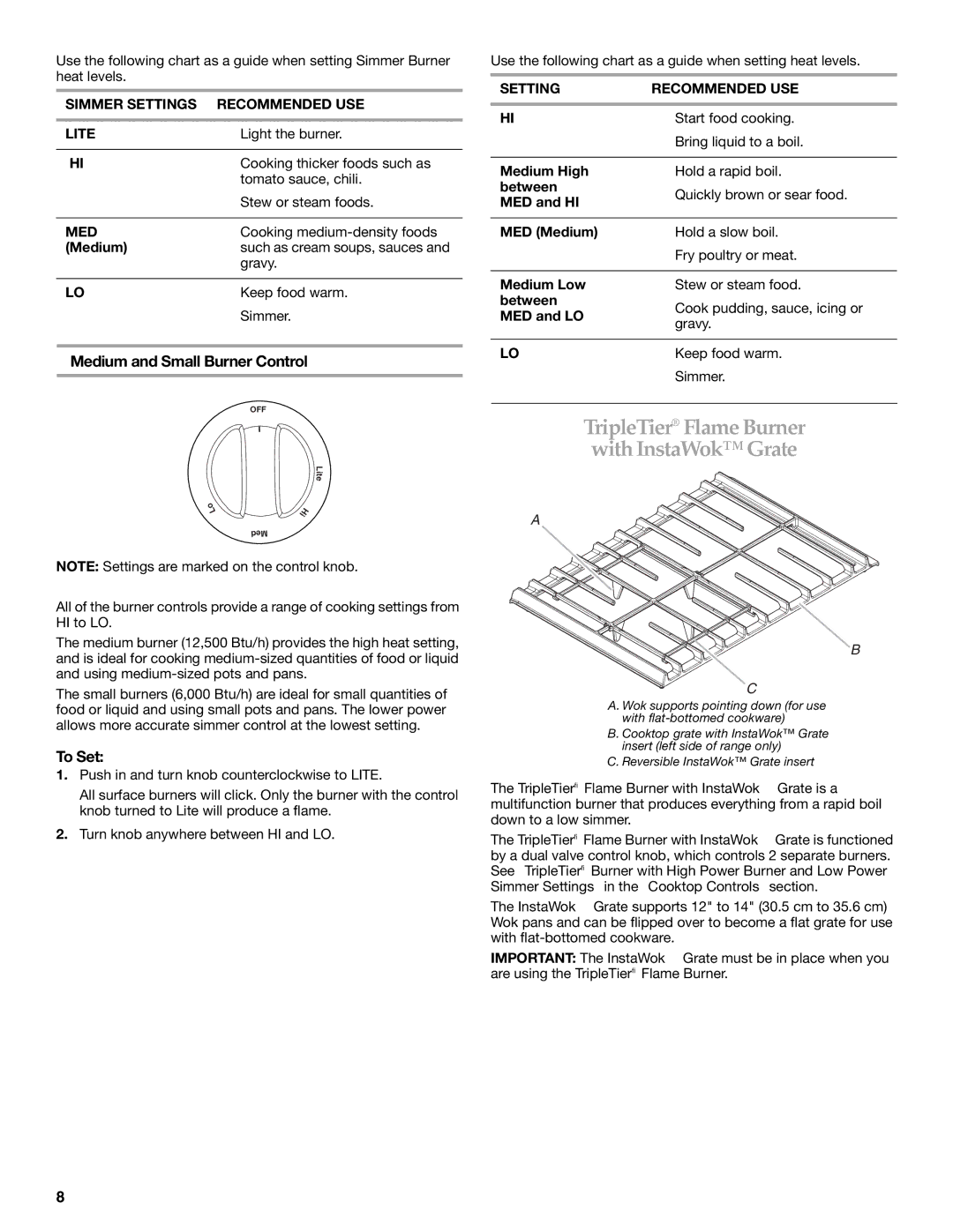 KitchenAid KDRS807 manual Medium and Small Burner Control, Simmer Settings Recommended USE Lite, Setting Recommended USE 