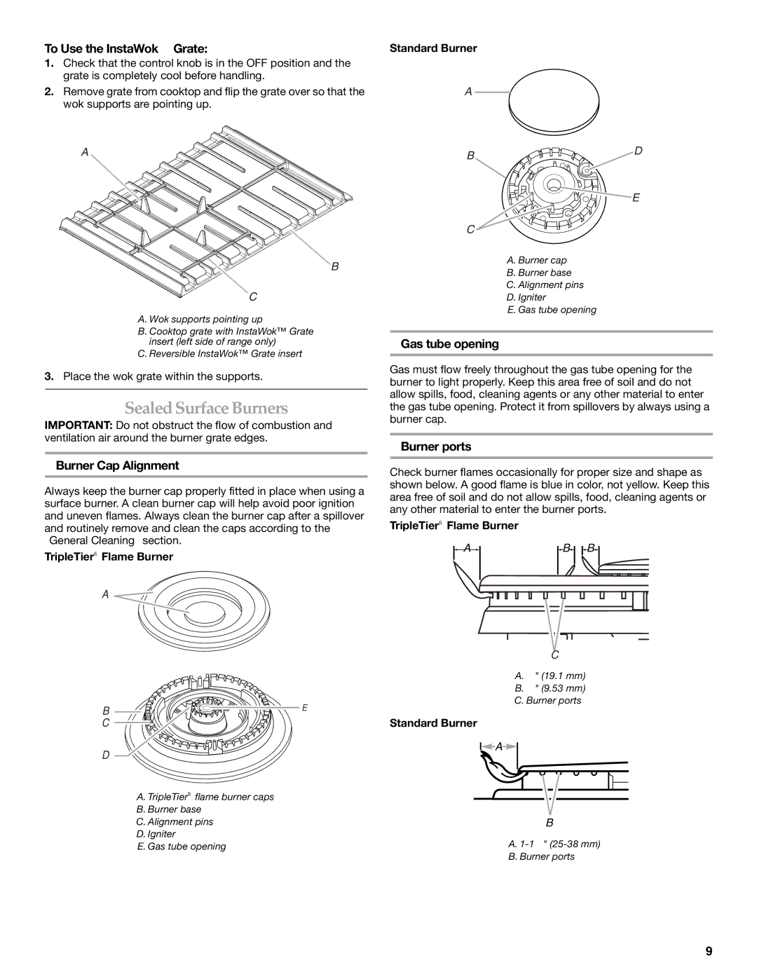 KitchenAid KDRS807 Sealed Surface Burners, To Use the InstaWok Grate, Burner Cap Alignment, Gas tube opening, Burner ports 