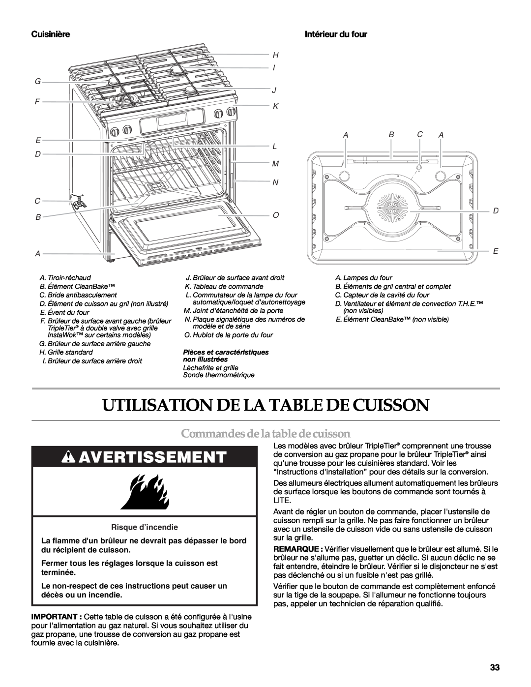 KitchenAid KDRS807 manual Utilisation De La Table De Cuisson, Commandesde la table de cuisson, Avertissement, Cuisinière 
