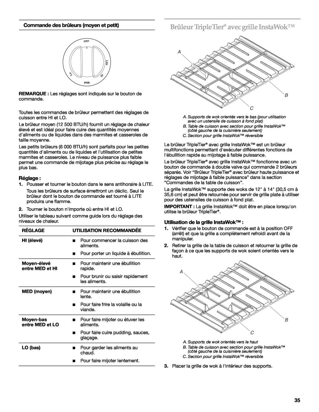 KitchenAid KDRS807 manual Brûleur TripleTier avecgrille InstaWok, Commande des brûleurs moyen et petit, Réglage, A B C 
