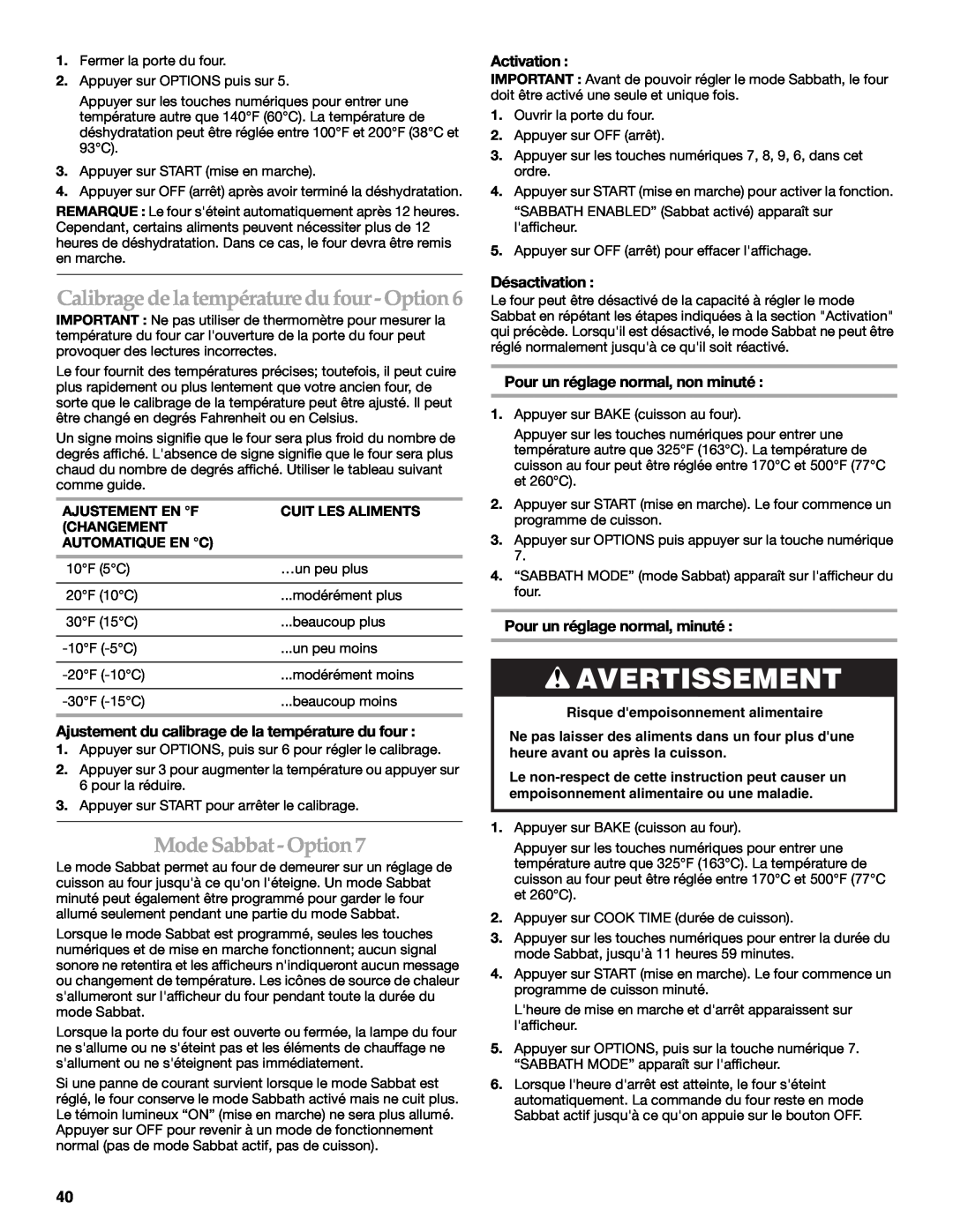 KitchenAid KDRS807 manual Mode Sabbat - Option, Calibrage de la température du four -Option, Avertissement, Activation 