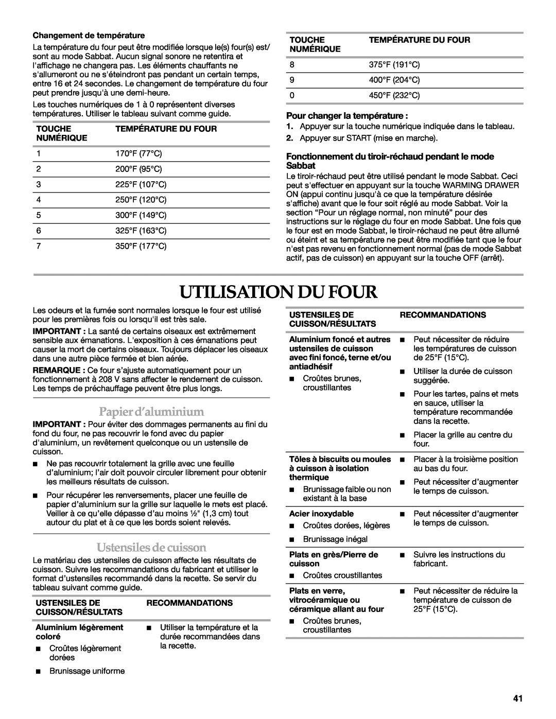 KitchenAid KDRS807 manual Utilisation Du Four, Papier d’aluminium, Ustensiles de cuisson, Pour changer la température 