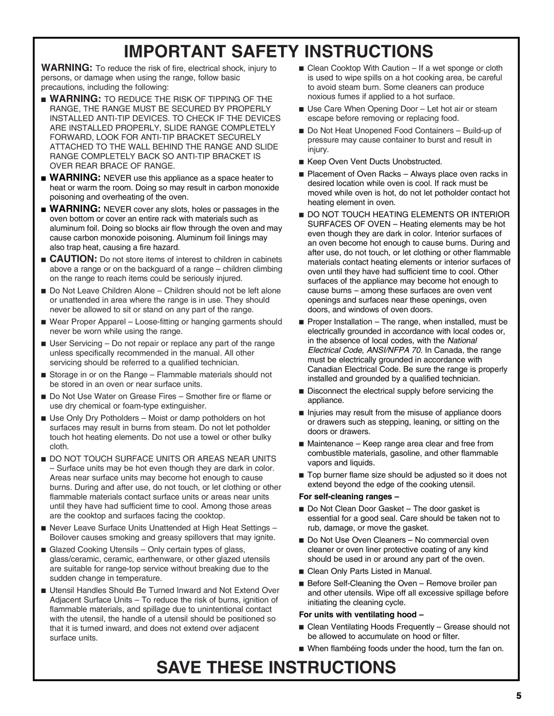 KitchenAid KDRS807 manual Important Safety Instructions, Save These Instructions, For self-cleaning ranges 