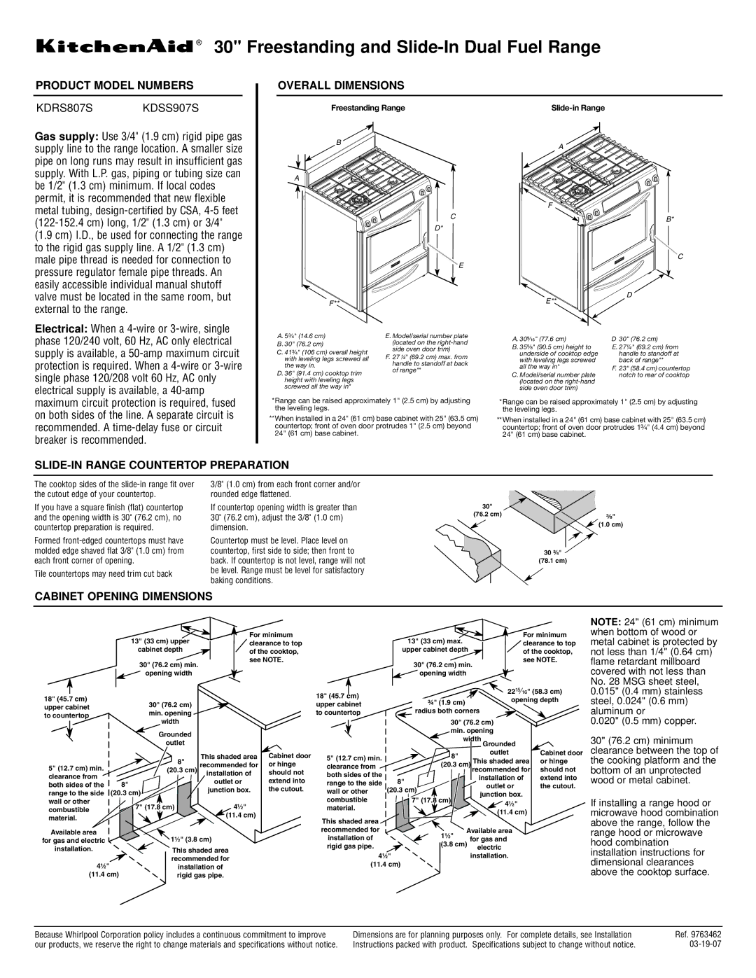 KitchenAid KDRS807S dimensions Freestanding and Slide-In Dual Fuel Range, Product Model Numbers Overall Dimensions 