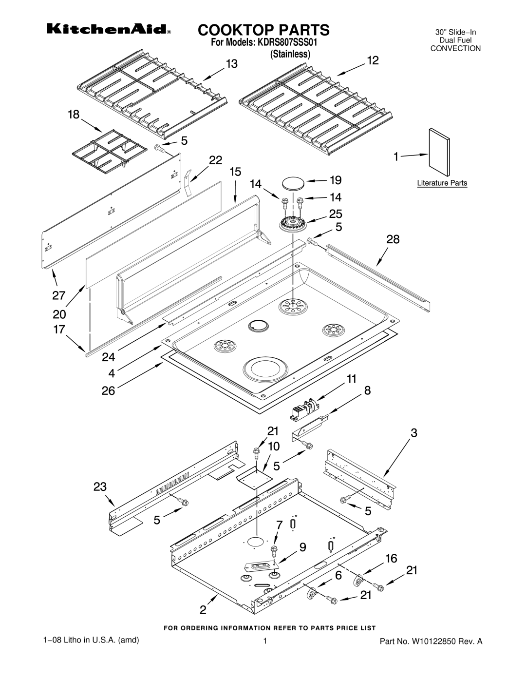 KitchenAid KDRS807SSS01 manual Cooktop Parts 