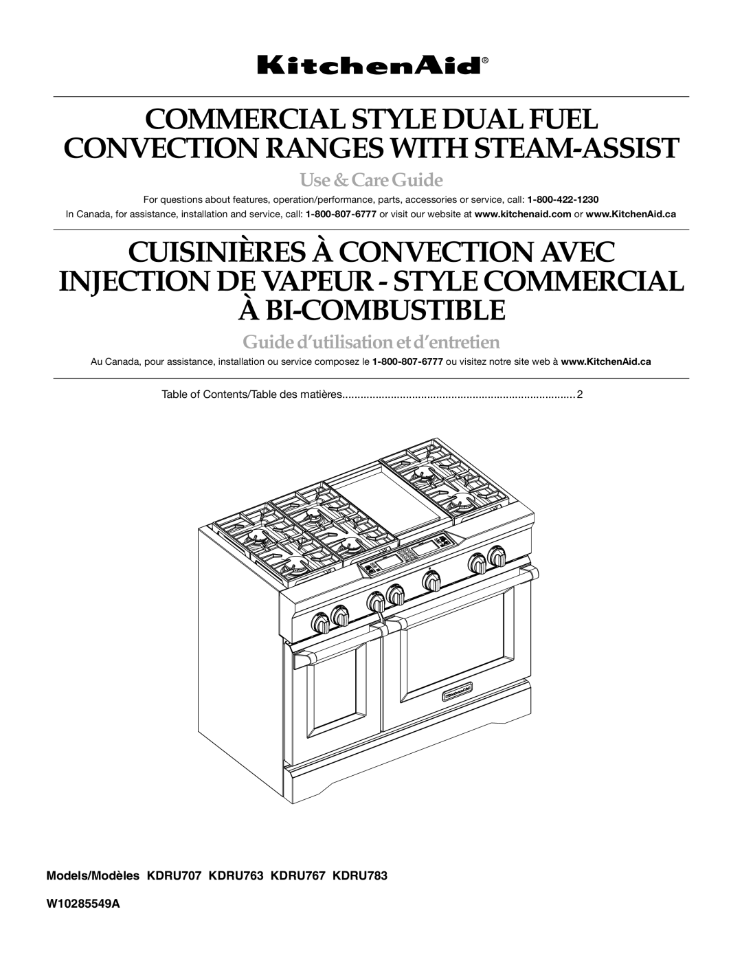 KitchenAid manual Guided’utilisationetd’entretien, Models/Modèles KDRU707 KDRU763 KDRU767 KDRU783 W10285549A 