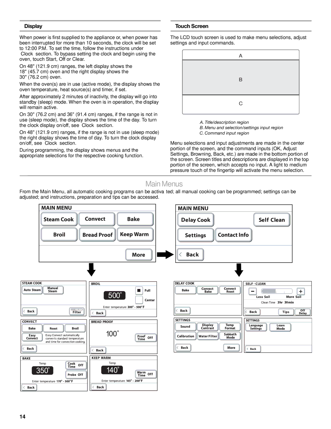 KitchenAid KDRU783, KDRU707, KDRU763, KDRU767 manual MainMenus, Display, Touch Screen 