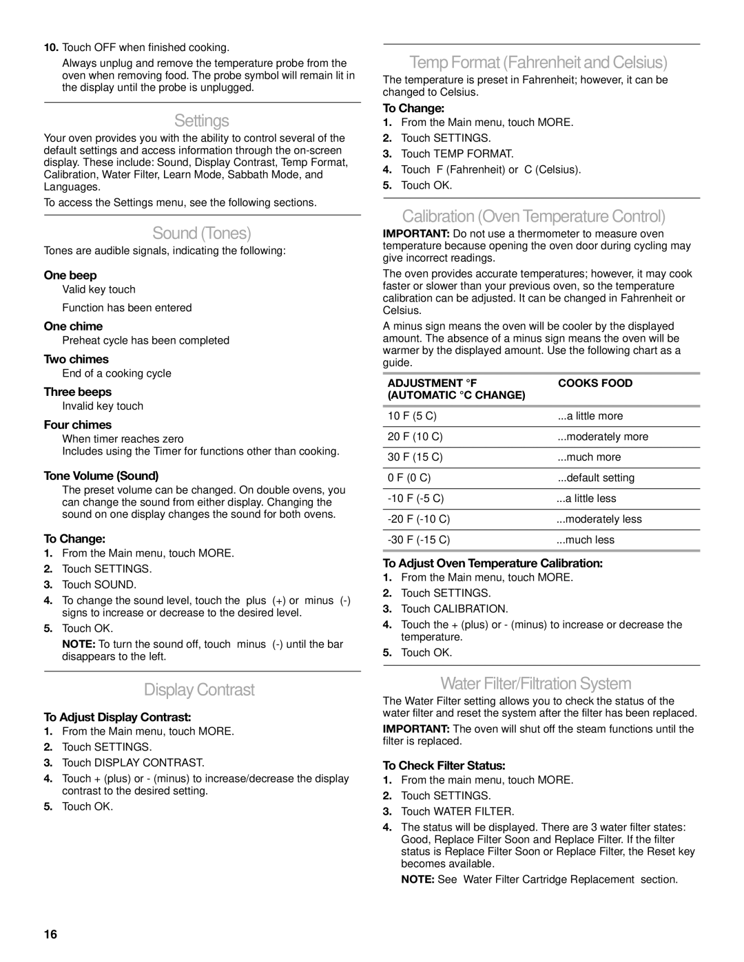 KitchenAid KDRU707, KDRU763 Settings, Sound Tones, Temp FormatFahrenheitand Celsius, Calibration Oven Temperature Control 