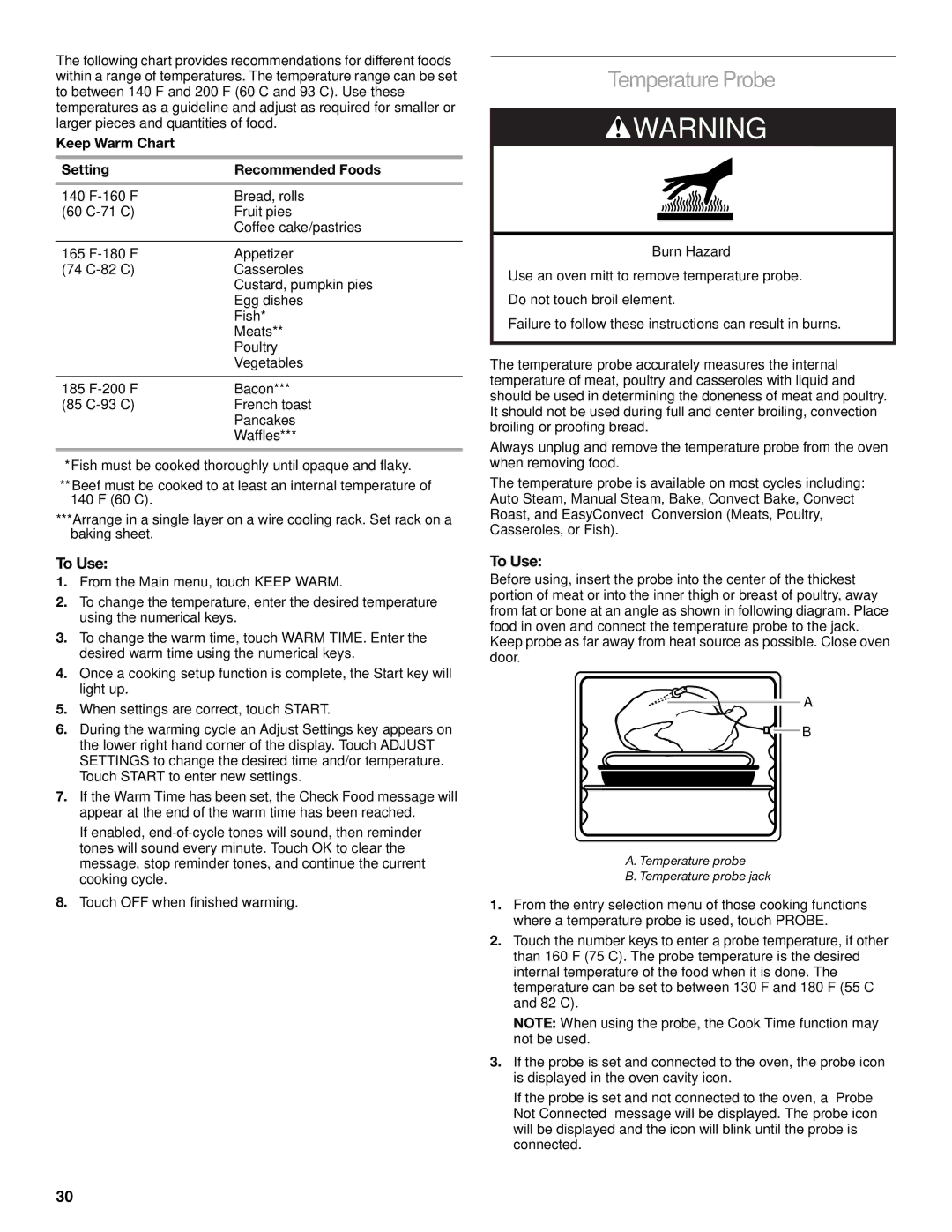 KitchenAid KDRU783, KDRU707, KDRU763, KDRU767 manual Temperature Probe, Keep Warm Chart Setting Recommended Foods 