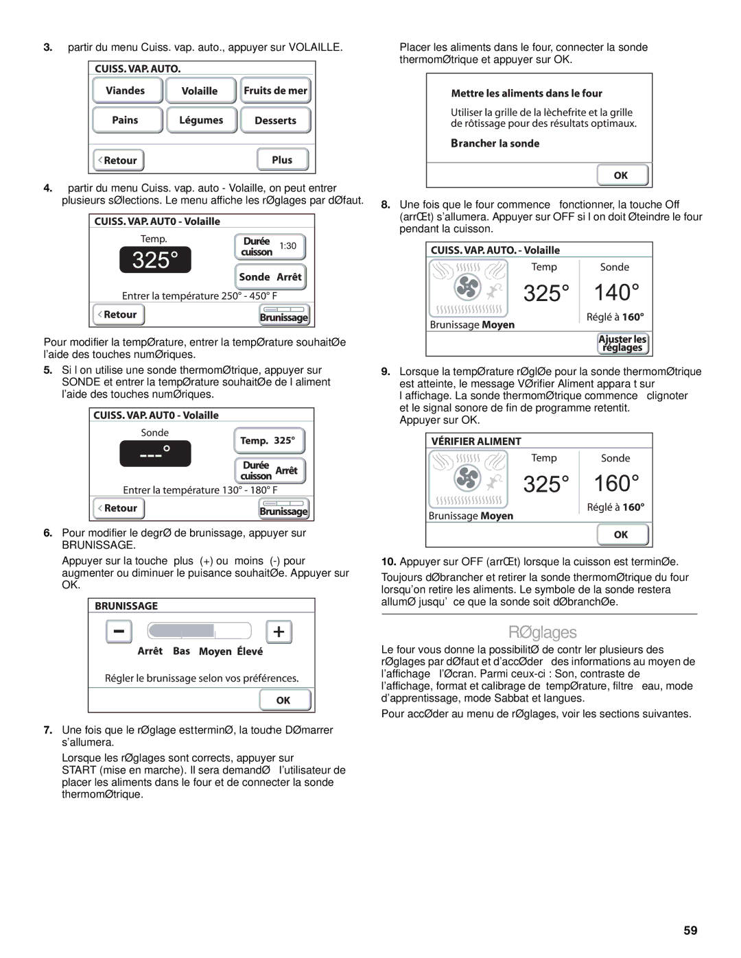 KitchenAid KDRU767, KDRU707, KDRU763, KDRU783 manual Réglages, Partir du menu Cuiss. vap. auto., appuyer sur Volaille 