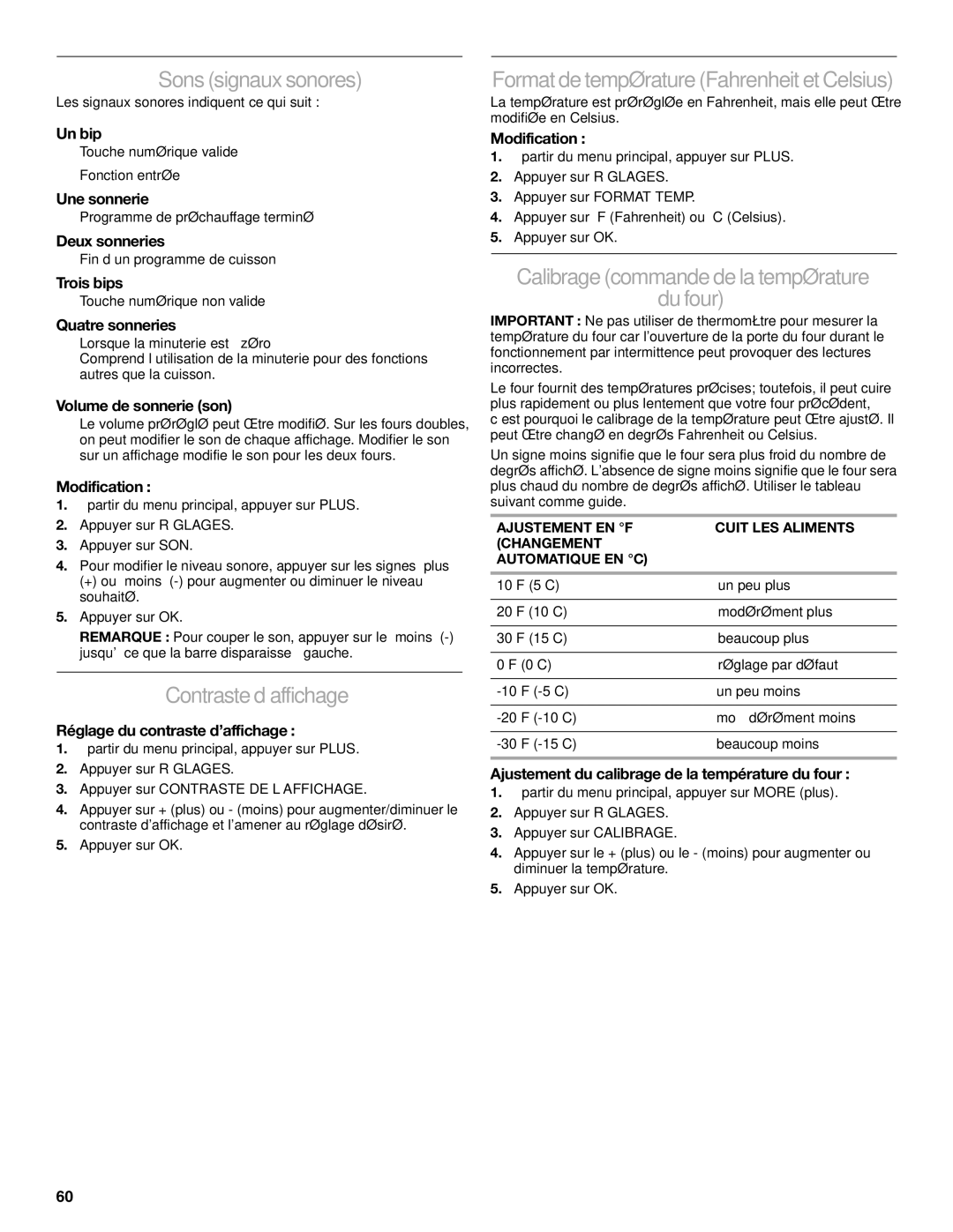 KitchenAid KDRU707, KDRU763, KDRU783 Sons signaux sonores, Contrasted’affichage, Formatdetempérature Fahrenheit et Celsius 