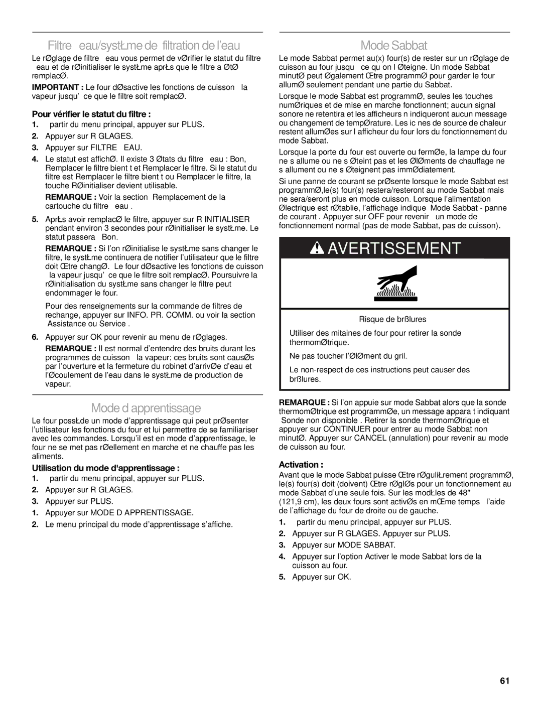 KitchenAid KDRU763, KDRU707, KDRU783, KDRU767 Filtre à eau/système de filtration deleau, Moded’apprentissage, ModeSabbat 