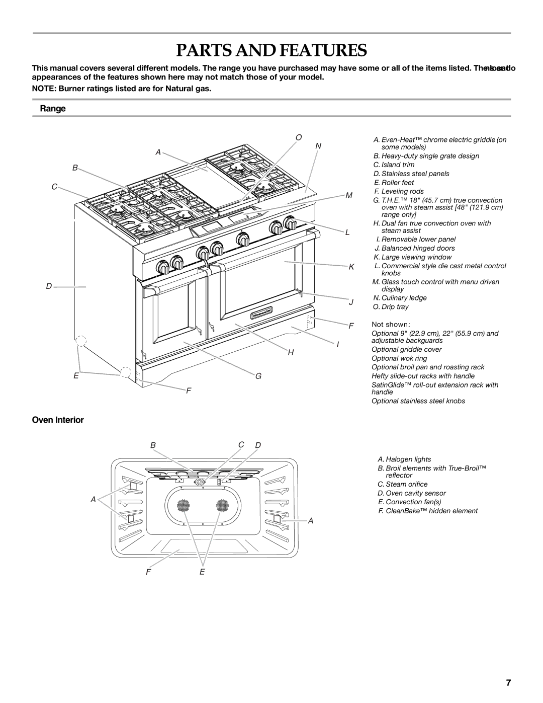 KitchenAid KDRU767, KDRU707, KDRU763, KDRU783 manual Parts and Features, Range, Oven Interior 