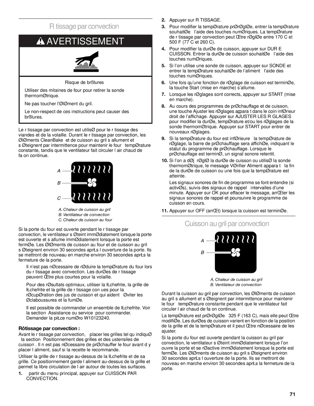 KitchenAid KDRU767, KDRU707, KDRU763 manual Rôtissage parconvection, Cuisson au gril parconvection, Rôtissage par convection 