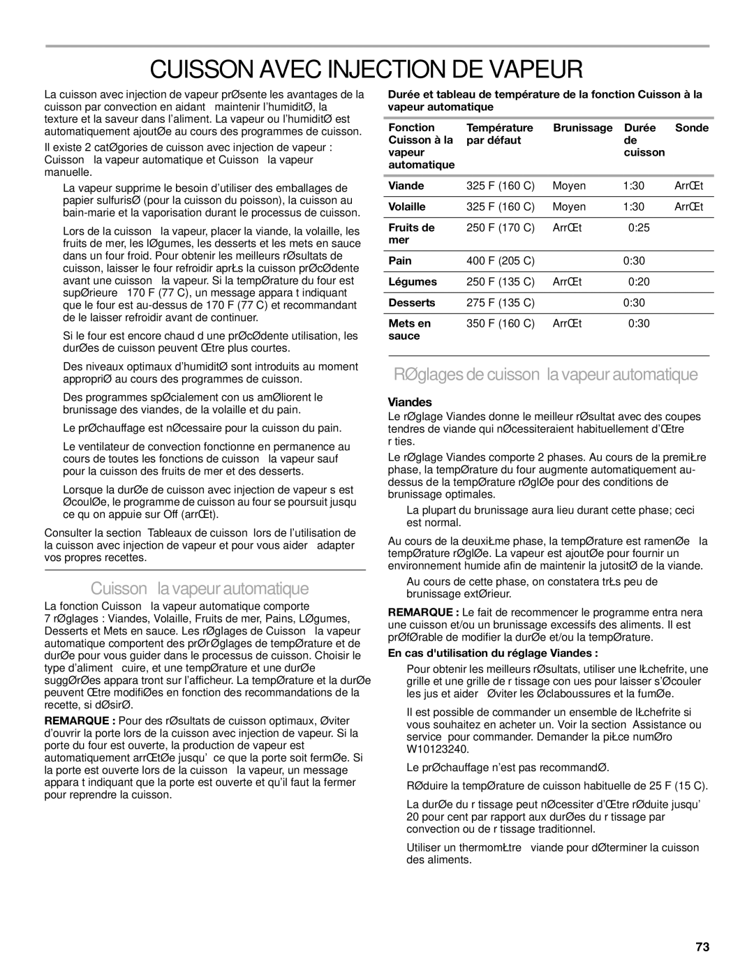 KitchenAid KDRU763, KDRU707, KDRU783, KDRU767 manual Cuisson Avec Injection DE Vapeur, Cuisson àla vapeur automatique, Viandes 