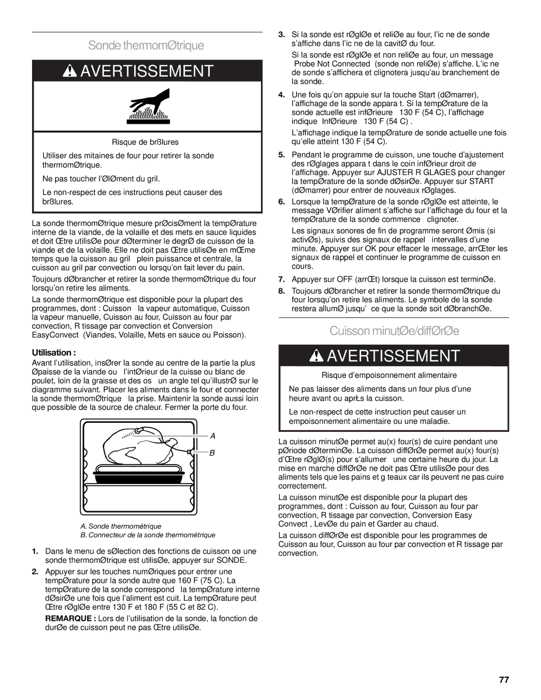 KitchenAid KDRU763, KDRU707, KDRU783, KDRU767 manual Sondethermométrique, Cuisson minutée/différée 