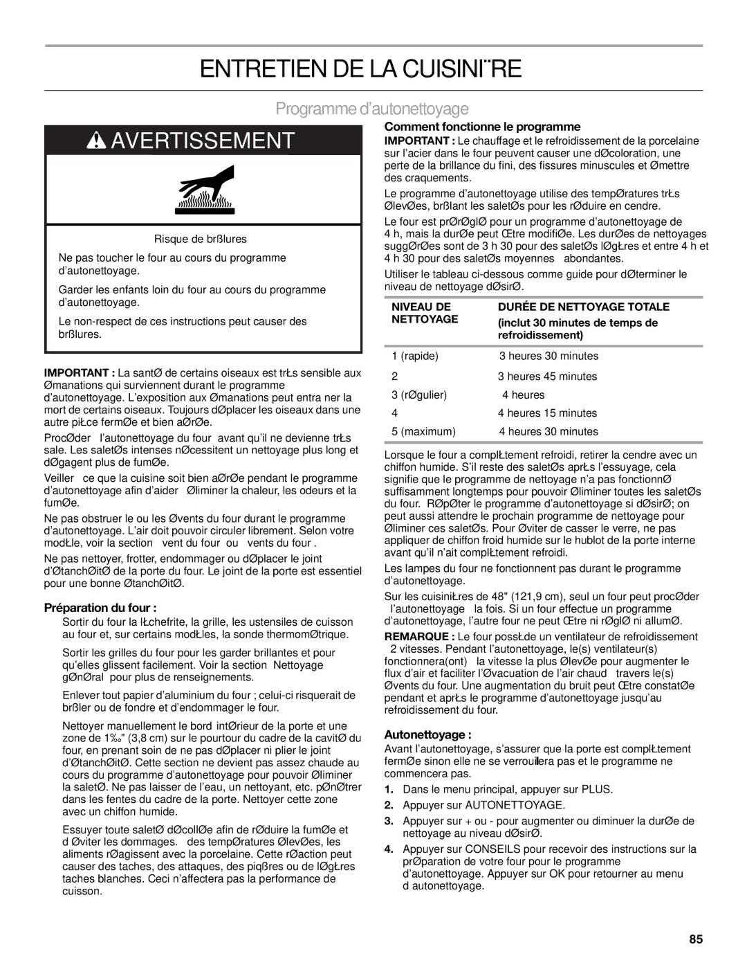 KitchenAid KDRU763, KDRU707 manual Entretien DE LA Cuisinière, Programme dautonettoyage, Préparation du four, Autonettoyage 