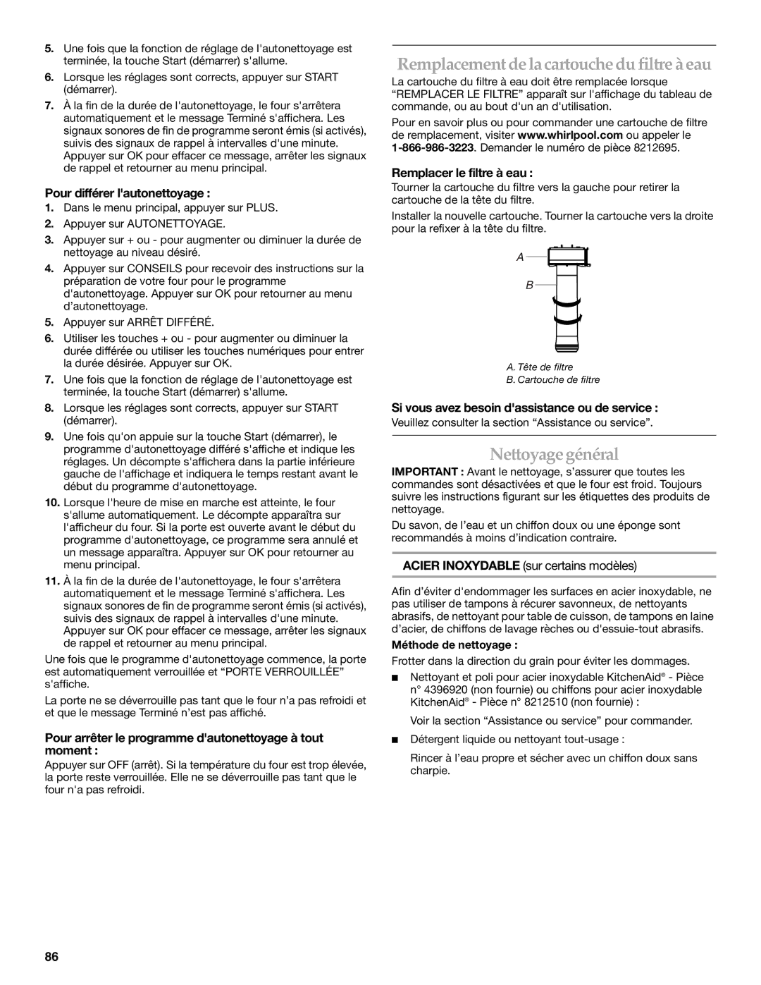 KitchenAid KDRU783, KDRU707, KDRU763, KDRU767 manual Remplacement delacartouchedu filtre à eau, Nettoyagegénéral 