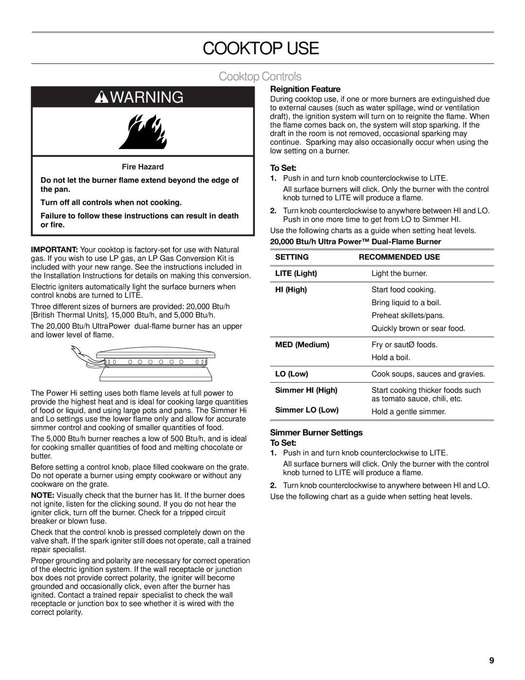 KitchenAid KDRU763, KDRU707, KDRU783 Cooktop USE, CooktopControls, Reignition Feature, Simmer Burner Settings To Set 