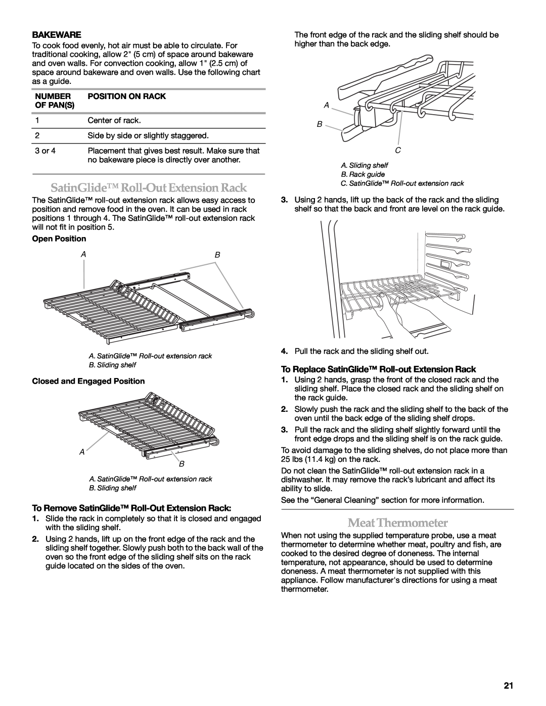 KitchenAid KDRU763.KDRU manual SatinGlide Roll-Out Extension Rack, MeatThermometer, Bakeware, A B C 