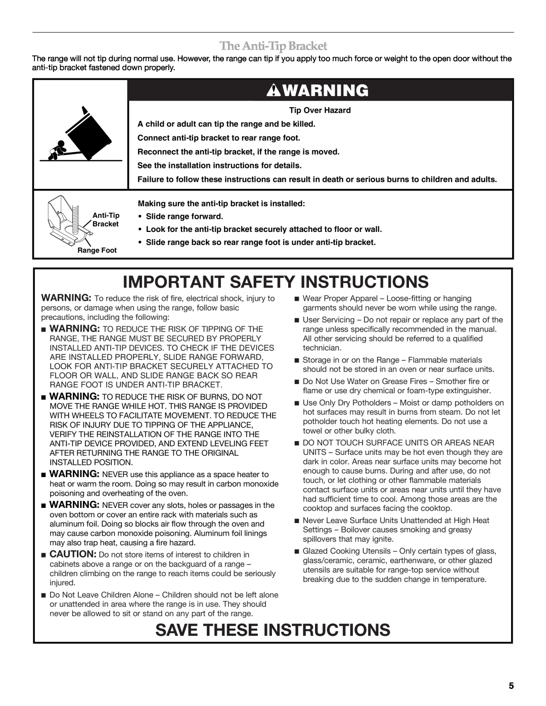 KitchenAid KDRU763.KDRU manual Important Safety Instructions, Save These Instructions, The Anti-Tip Bracket 