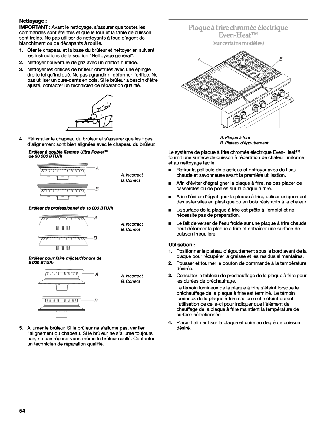 KitchenAid KDRU763.KDRU manual Plaqueà frire chromée électrique Even-Heat, sur certains modèles, Nettoyage, Utilisation 
