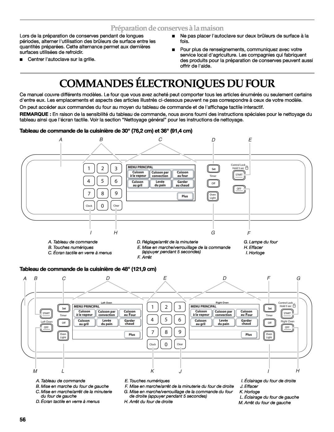 KitchenAid KDRU763.KDRU manual Commandes Électroniques Du Four, Préparation deconserves àlamaison, Abcde, Mlkjih 