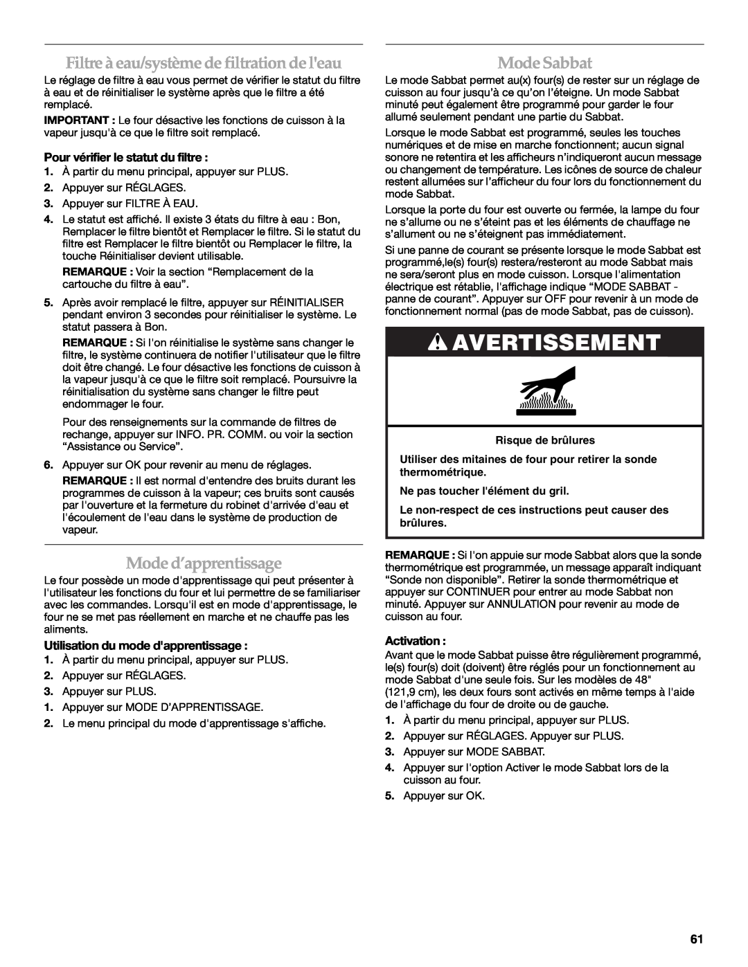 KitchenAid KDRU763.KDRU manual Filtre à eau/système de filtrationdeleau, Moded’apprentissage, ModeSabbat, Avertissement 