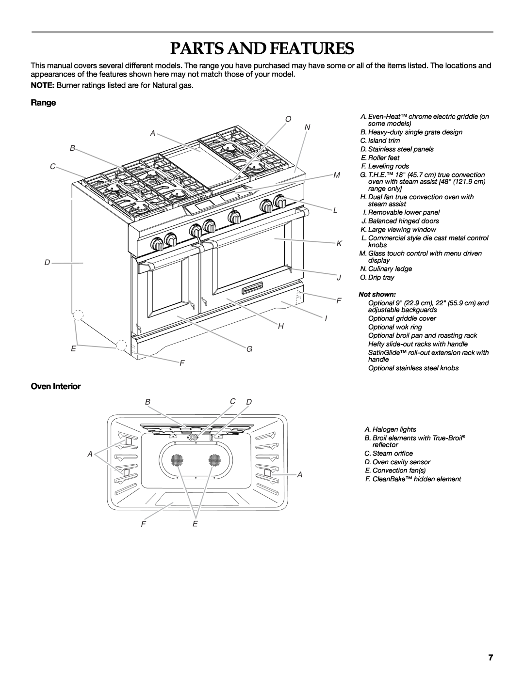 KitchenAid KDRU763.KDRU manual Parts And Features, Range, Oven Interior, Bc D A 