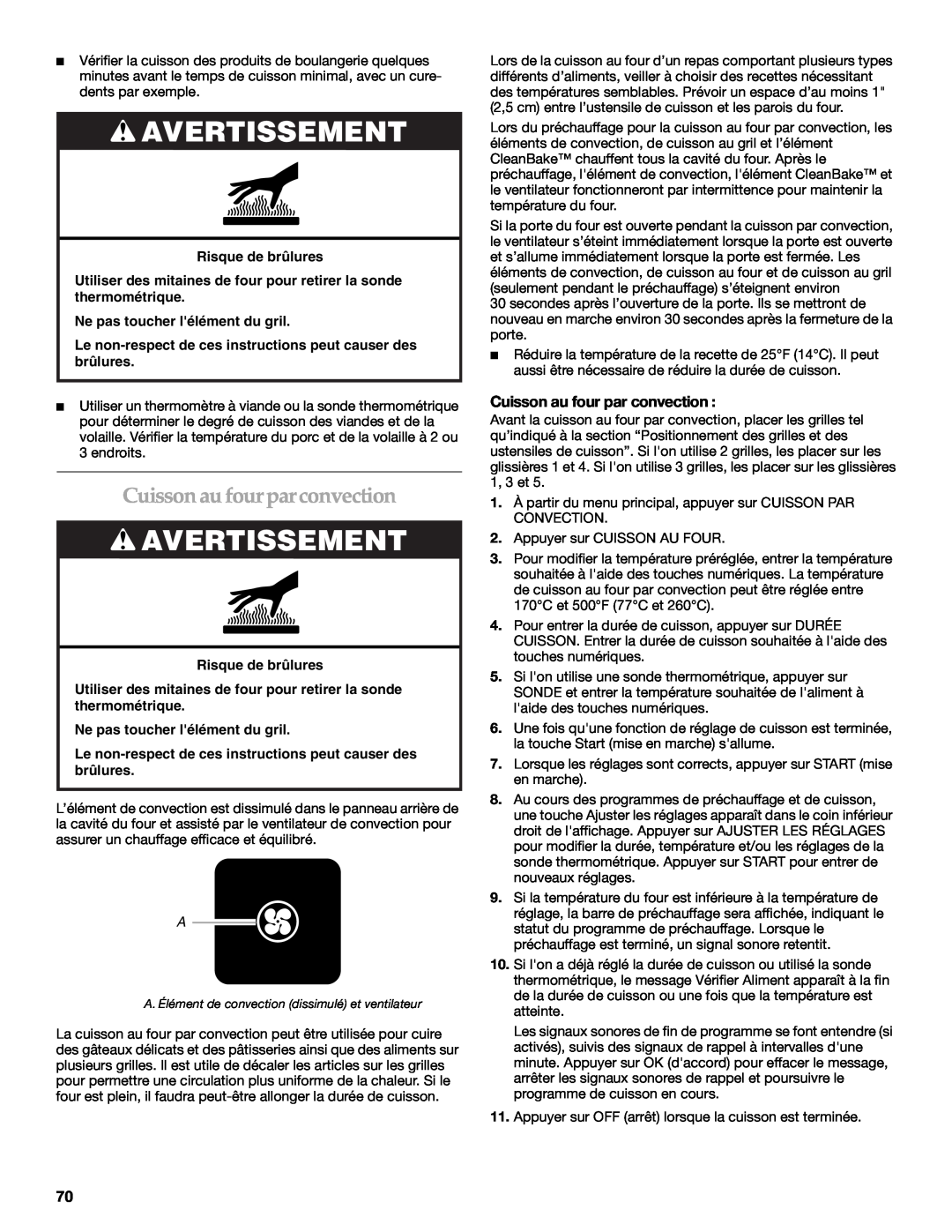 KitchenAid KDRU763.KDRU Cuisson au fourparconvection, Avertissement, Cuisson au four par convection, Risque de brûlures 