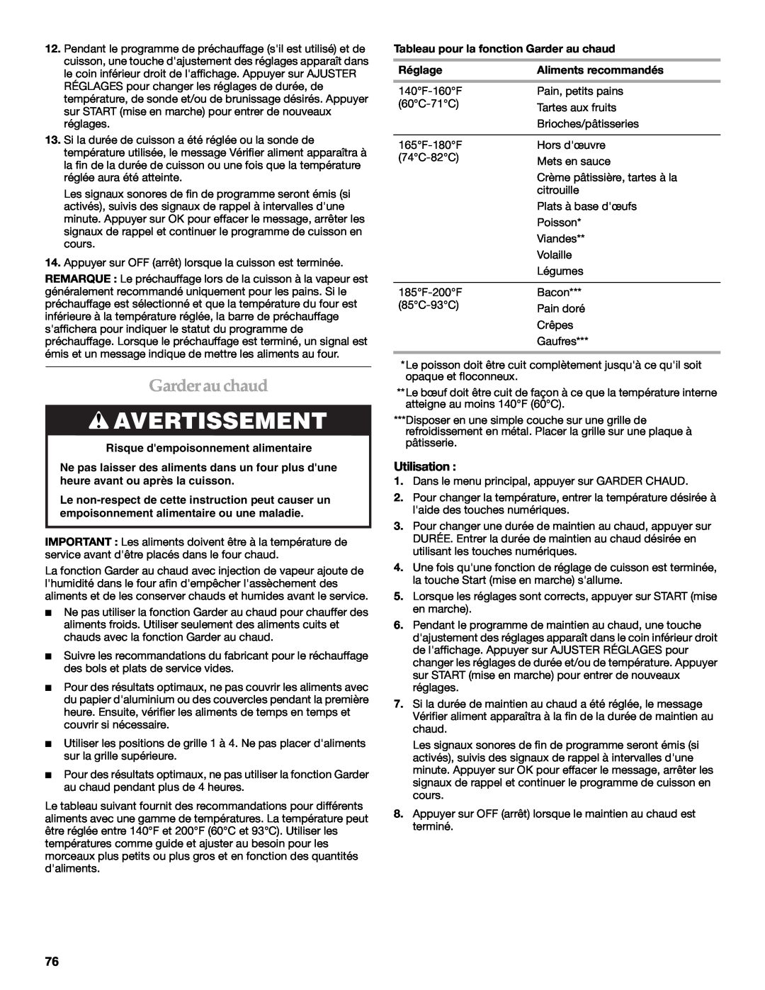 KitchenAid KDRU763.KDRU manual Garderau chaud, Avertissement, Utilisation, Risque dempoisonnement alimentaire, Réglage 