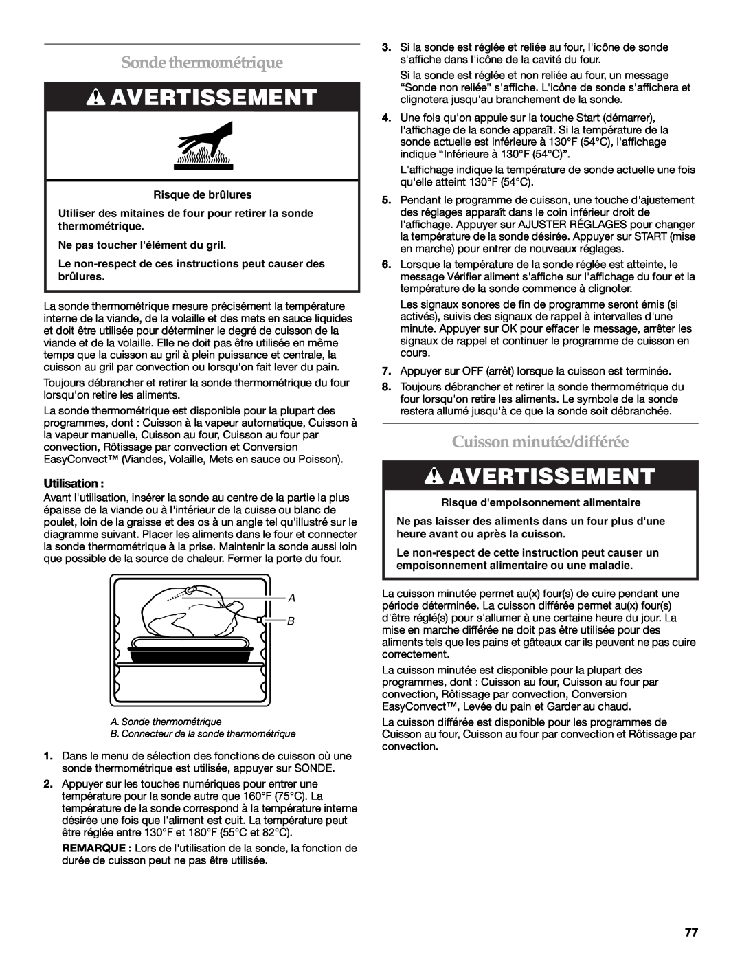 KitchenAid KDRU763.KDRU Sondethermométrique, Cuisson minutée/différée, Avertissement, Utilisation, Risque de brûlures 