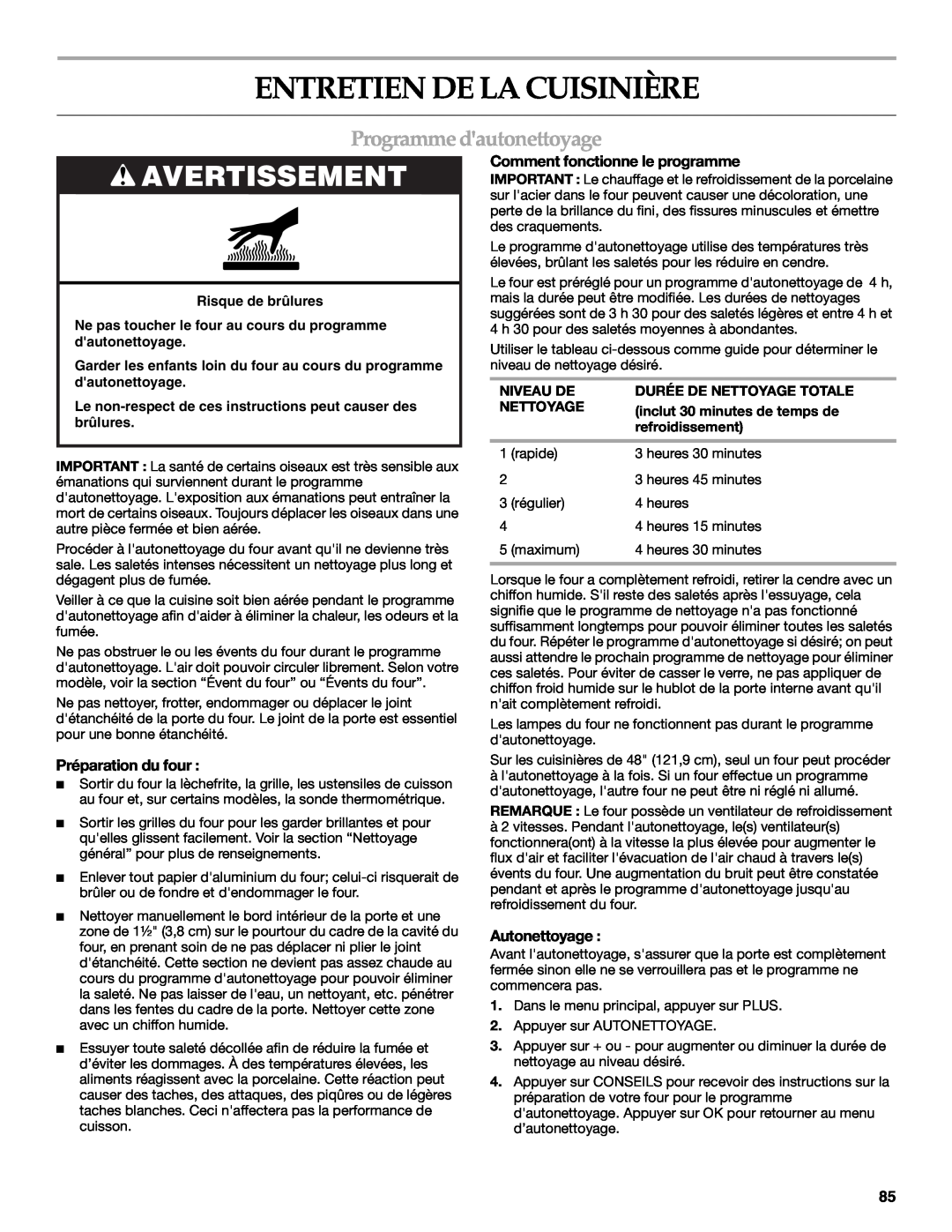 KitchenAid KDRU763.KDRU manual Entretien De La Cuisinière, Programme dautonettoyage, Avertissement, Préparation du four 