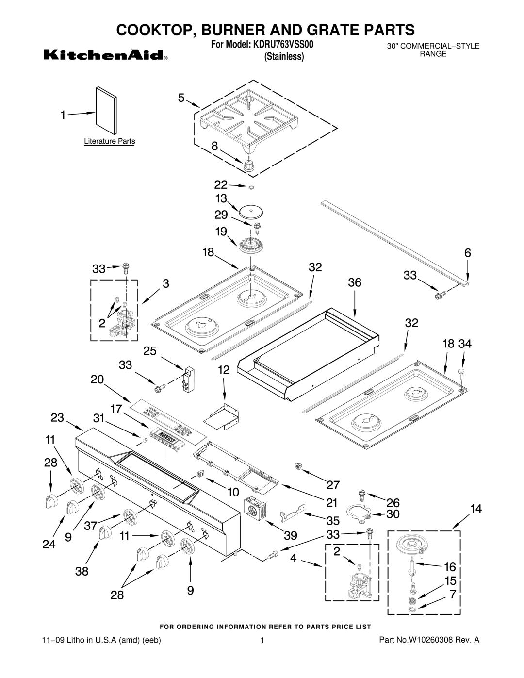 KitchenAid KDRU763VSS00 manual COOKTOP, Burner and Grate Parts 