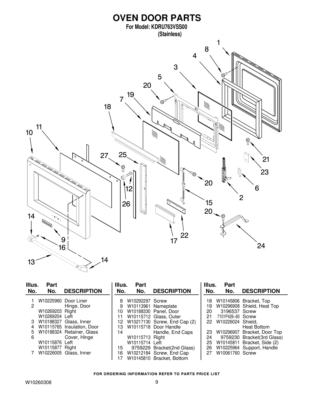 KitchenAid KDRU763VSS00 manual Oven Door Parts 