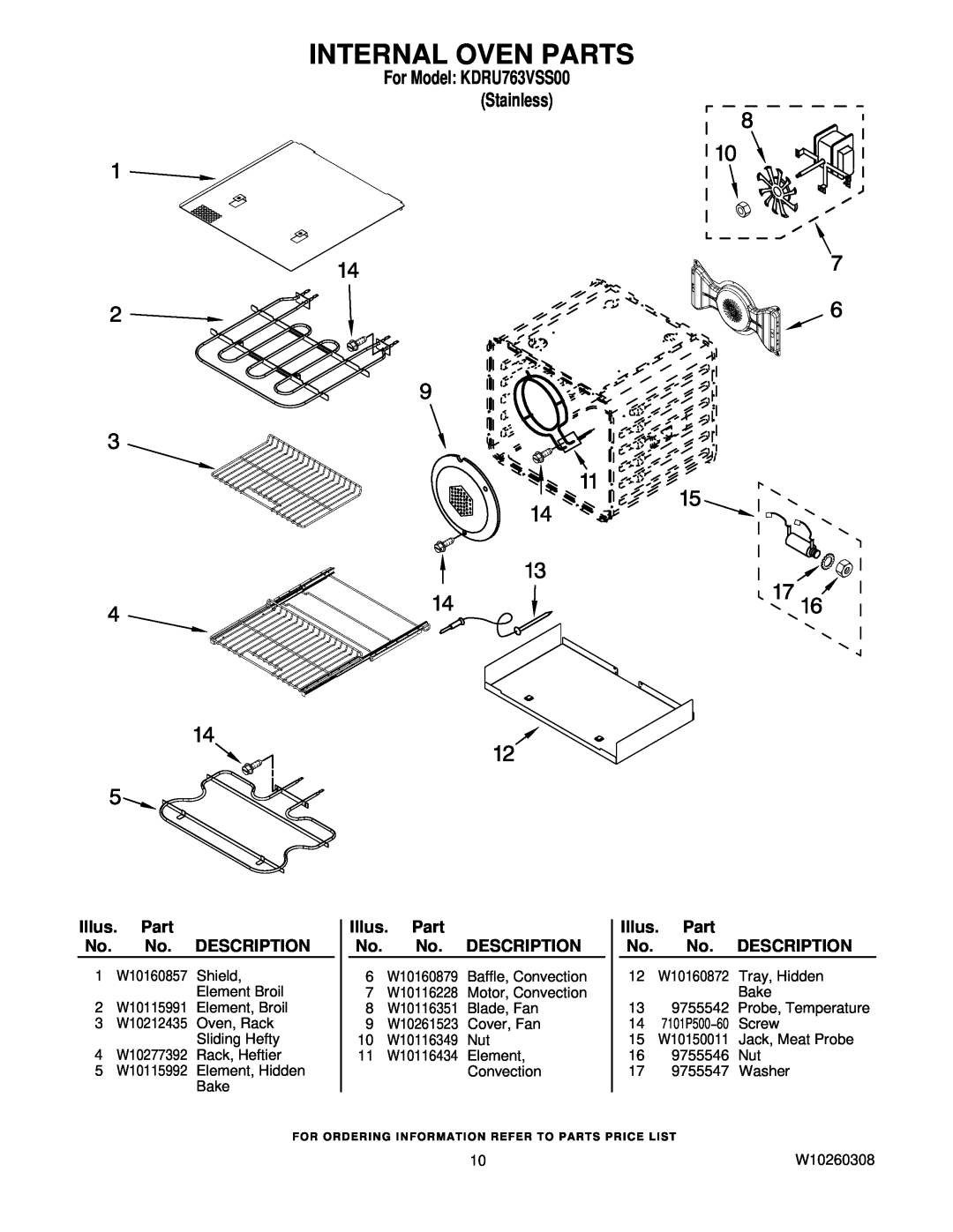 KitchenAid KDRU763VSS00 manual Internal Oven Parts, Illus. Part No. No. DESCRIPTION 