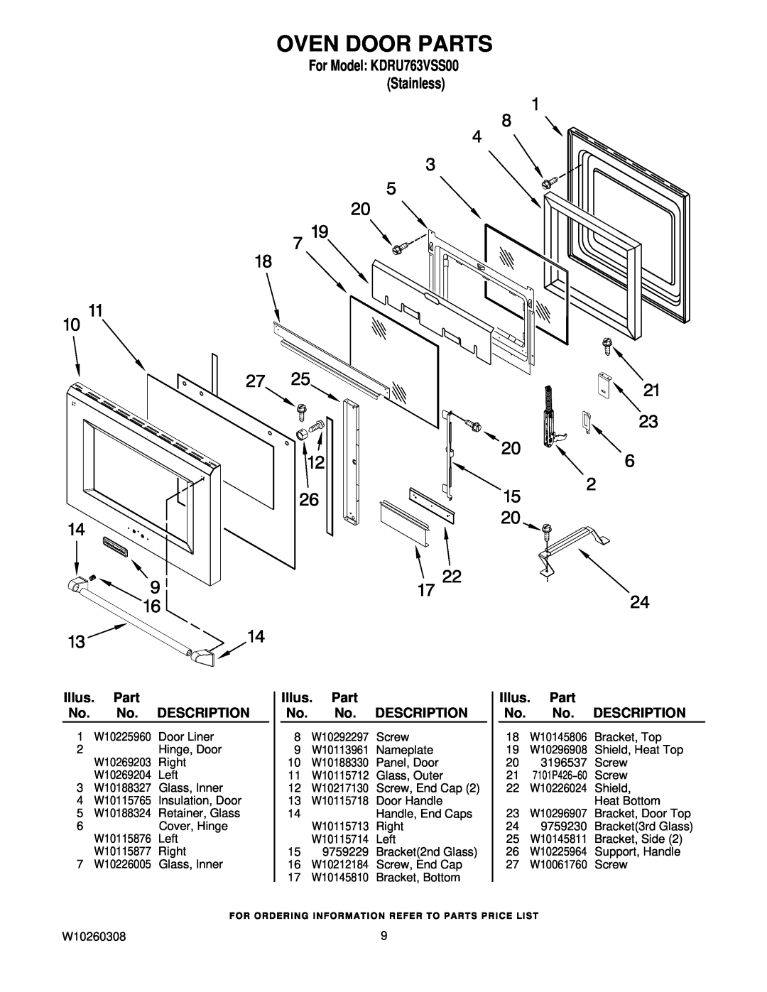 KitchenAid KDRU763VSS00 manual Oven Door Parts, Illus. Part No. No. DESCRIPTION 